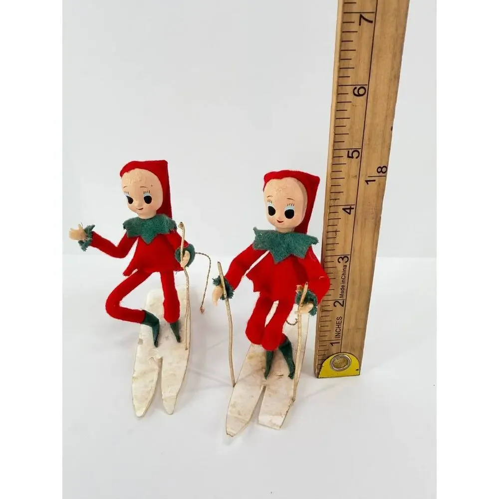 Vintage Christmas Elf Pixie Skier Dolls Plastic Felt Ski Holiday Decor Set